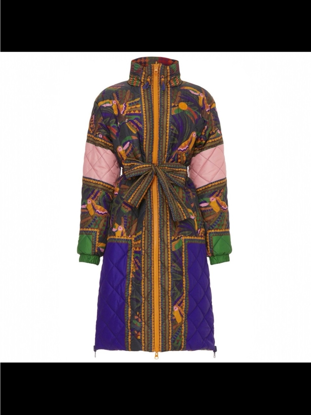 Farm Rio Puffer Multicolor Quilted Long Puffer Coat with Belt - Picture 5 of 15